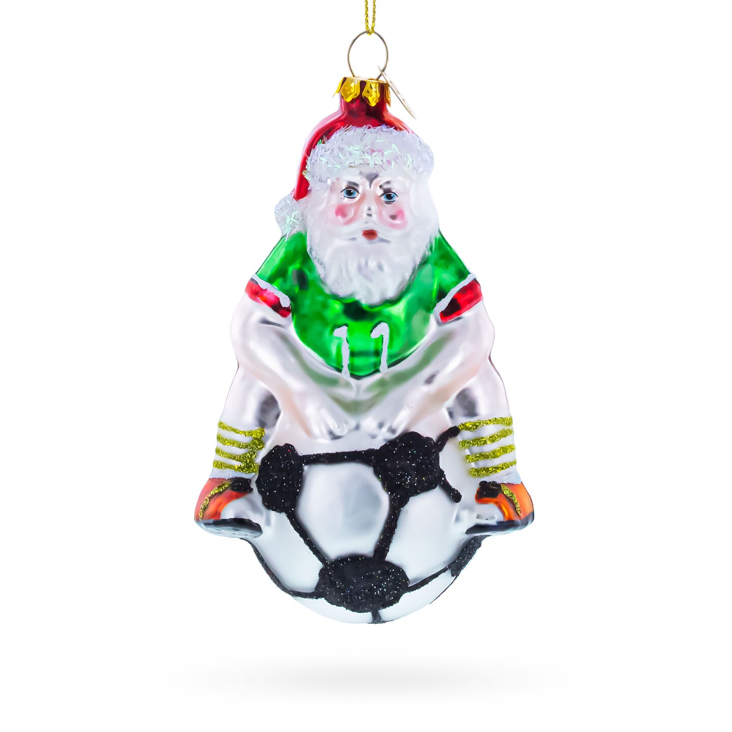 Santa Seated on Soccer Ball Blown Glass Christmas Ornament