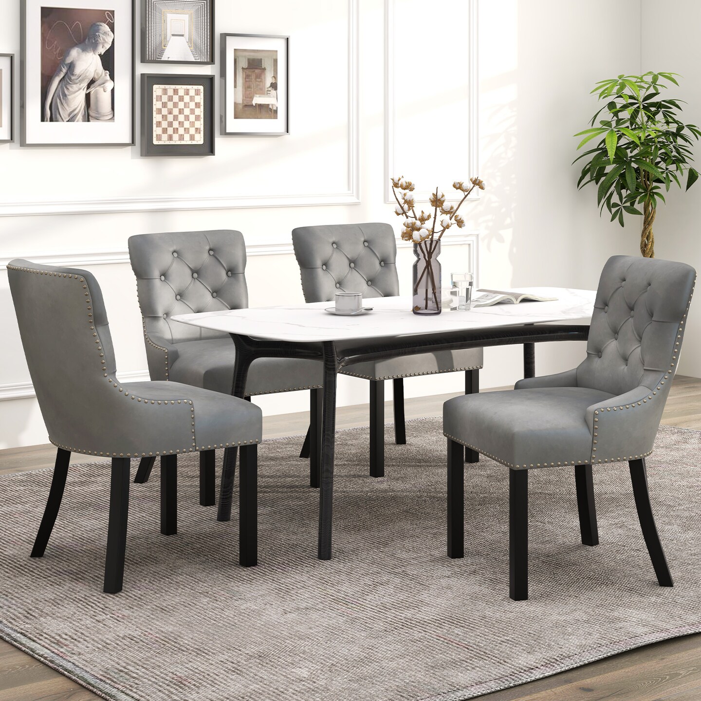 Upholstered Dining Chairs - Tufted Wingback Chairs With Rubber Wood Legs - Set of 2