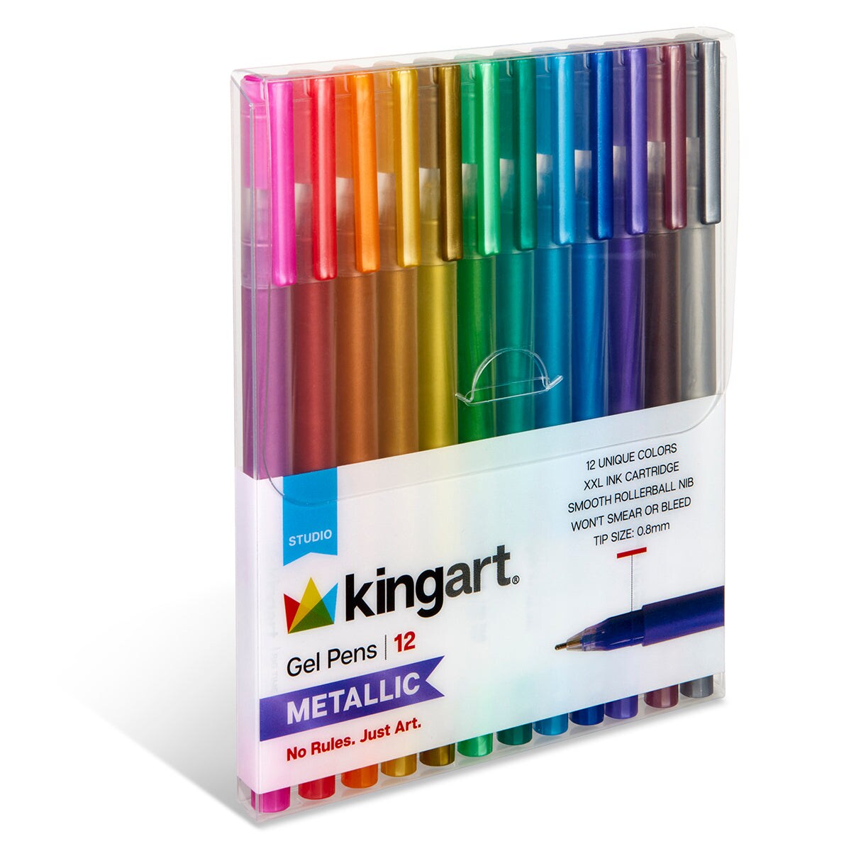 KINGART® Metallic Gel Pens, Scrapbook, Journals, or Drawing, Colored Metallic Ink, Medium Line , Set of 12 Unique Shades