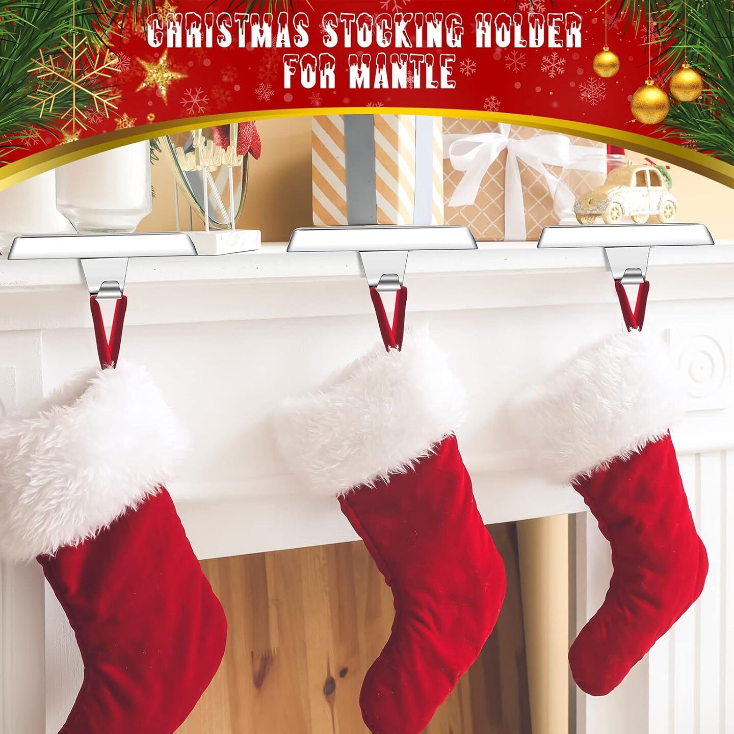 4 Pcs Christmas Stocking Holders for Mantle Weighted Stocking Holder Fireplace Stocking Hangers for Xmas Holiday Party Decoration (Silver)
