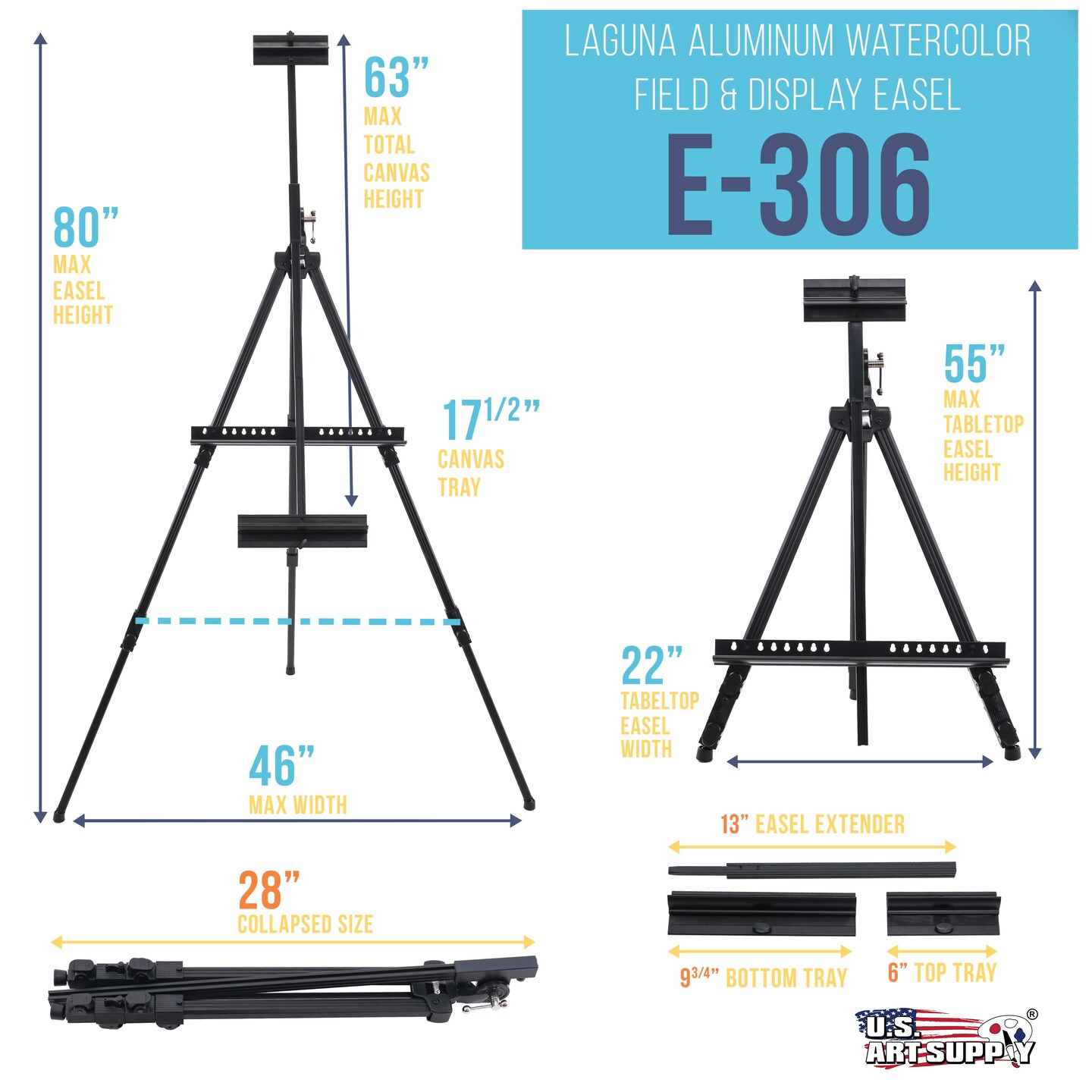 80&#x22; High Aluminum Artist Watercolor Field Display Easel Stand, Adjustable Height Floor Tabletop Tripod, Holds Canvas Up To 63&#x22; Vertical 40&#x22; Horizontal
