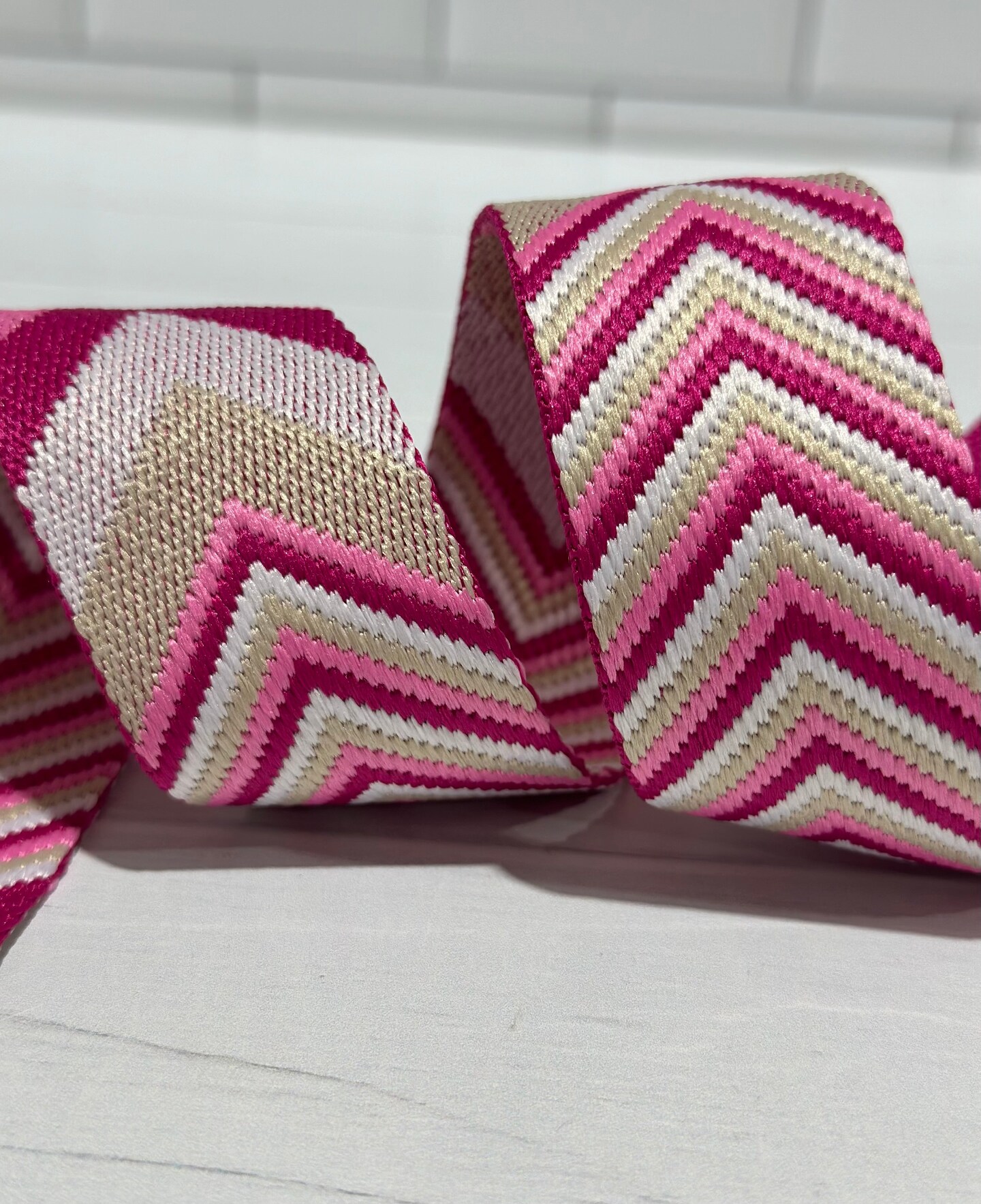 Hot Pink/Tan/White Woven Chevron 1.5&#x201D;  Webbing