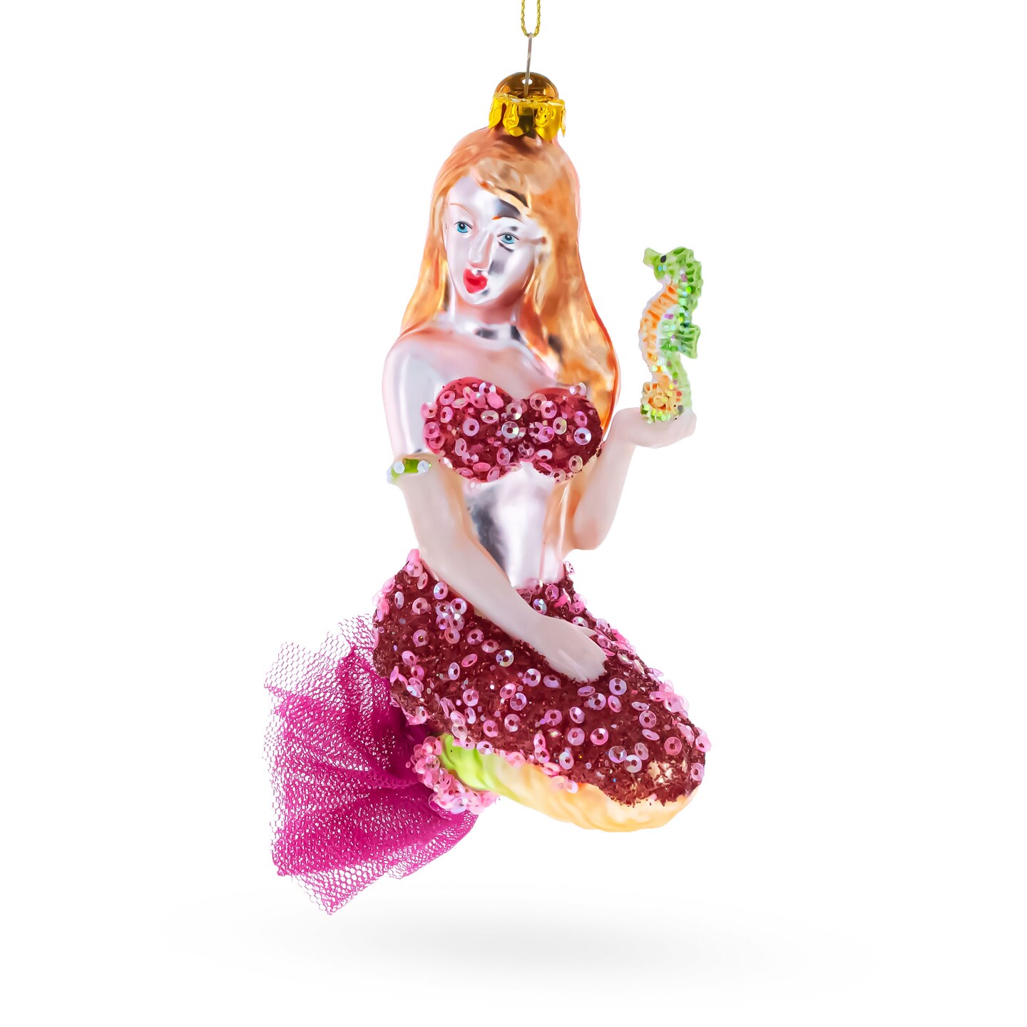 Mermaid Holding a Seahorse Blown Glass Christmas Ornament
