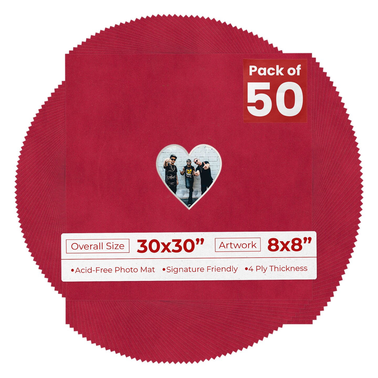 Red Suede Mat Board for 30x30 Frames - Heart Opening for 8x8 Photos