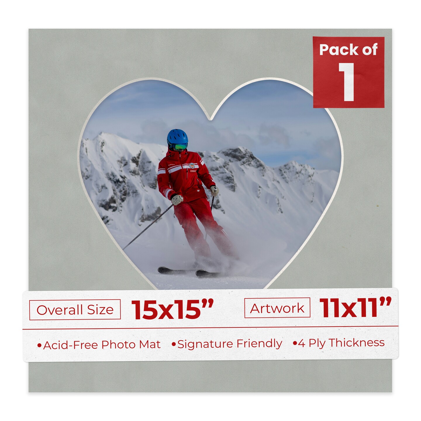 Light Grey Suede Mat Board for 15x15 Frames - Heart Opening for 11x11 Photos