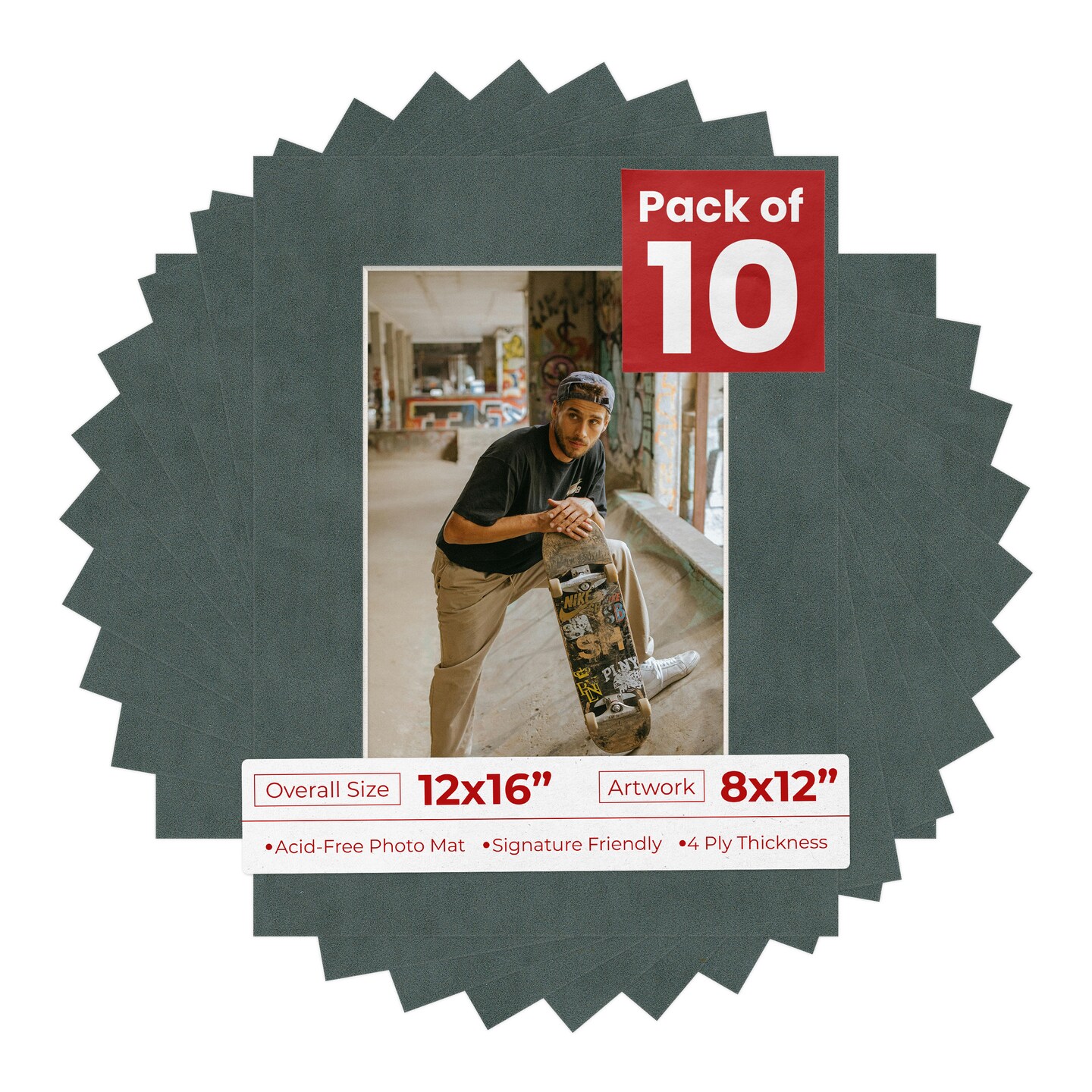 Dark Grey Suede Mat Board for 12x16 Frames - Fits 8x12 Photos