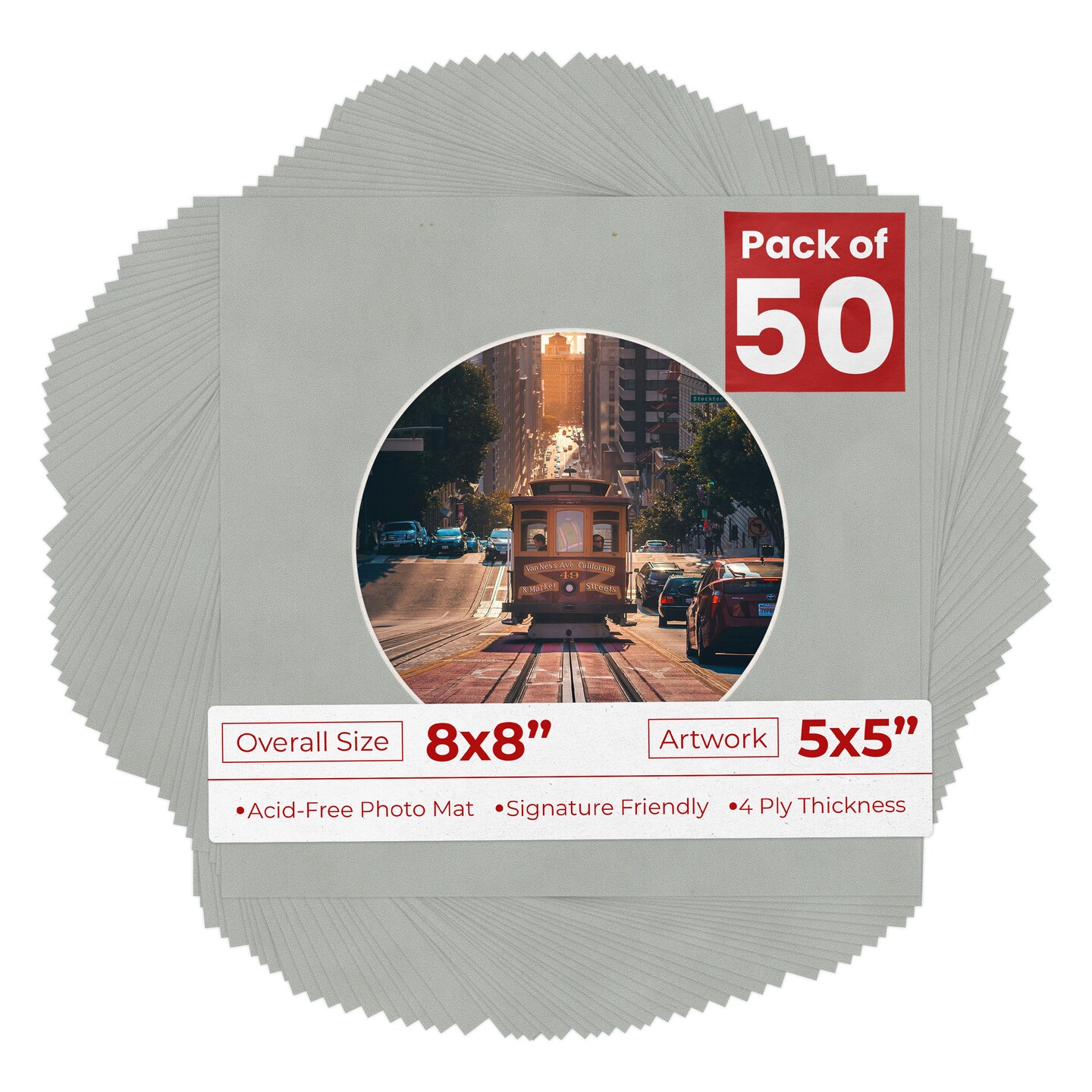 Light Grey Suede Mat Board for 8x8 Frames - Circle Opening for 5x5 Photos