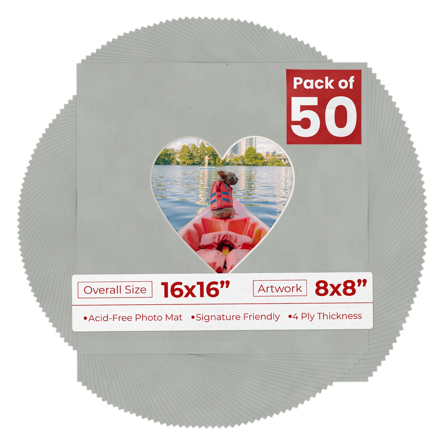 Light Grey Suede Mat Board for 16x16 Frames - Heart Opening for 8x8 Photos