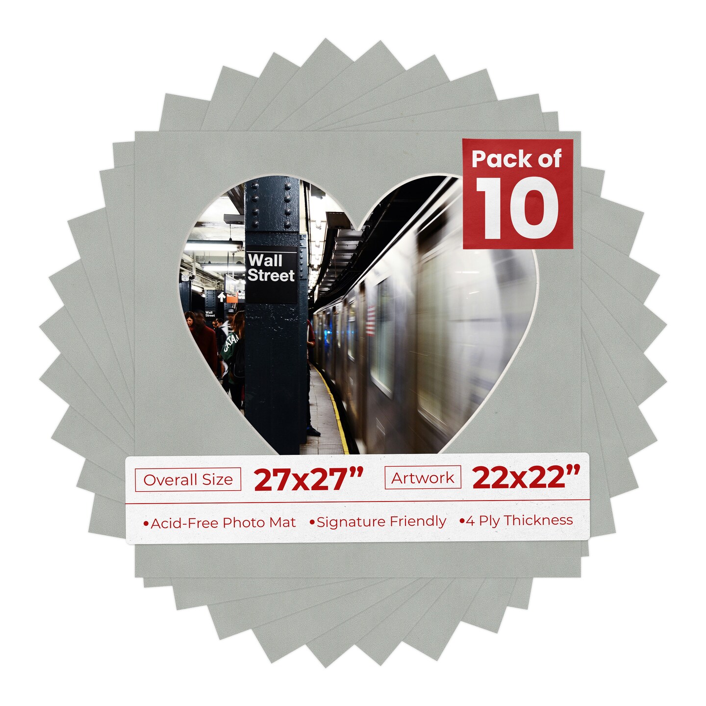 Light Grey Suede Mat Board for 27x27 Frames - Heart Opening for 22x22 Photos