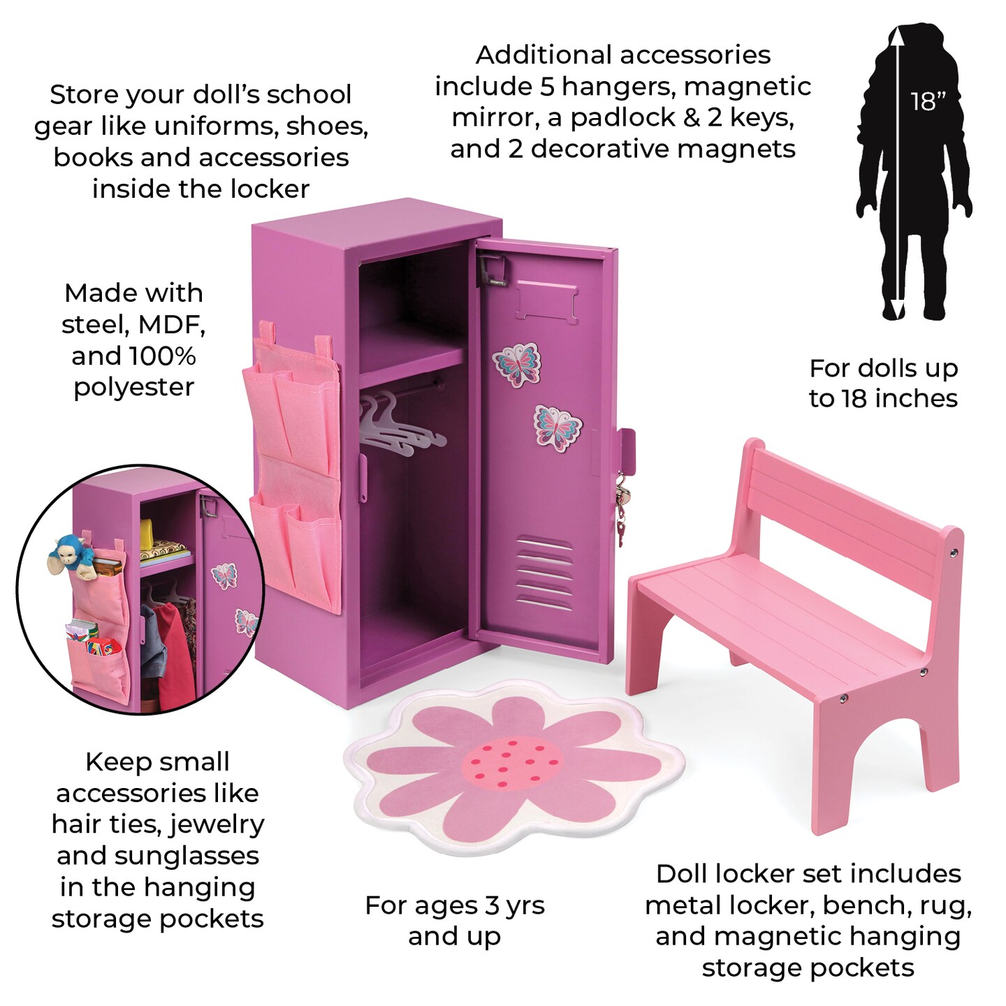 Badger Basket School Style Single Doll Locker Set with Bench, Rug