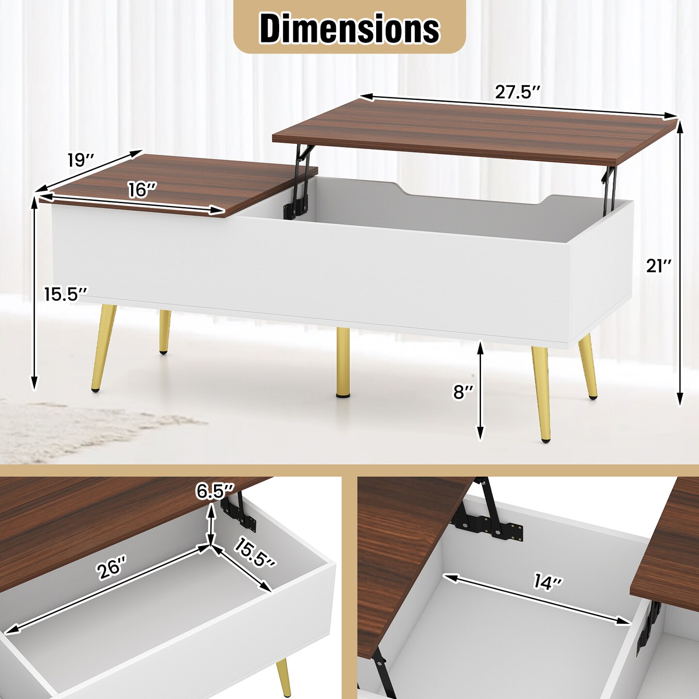 Walnut Engineered Wood Steel Lift-Top Coffee Table with Storage Compartments