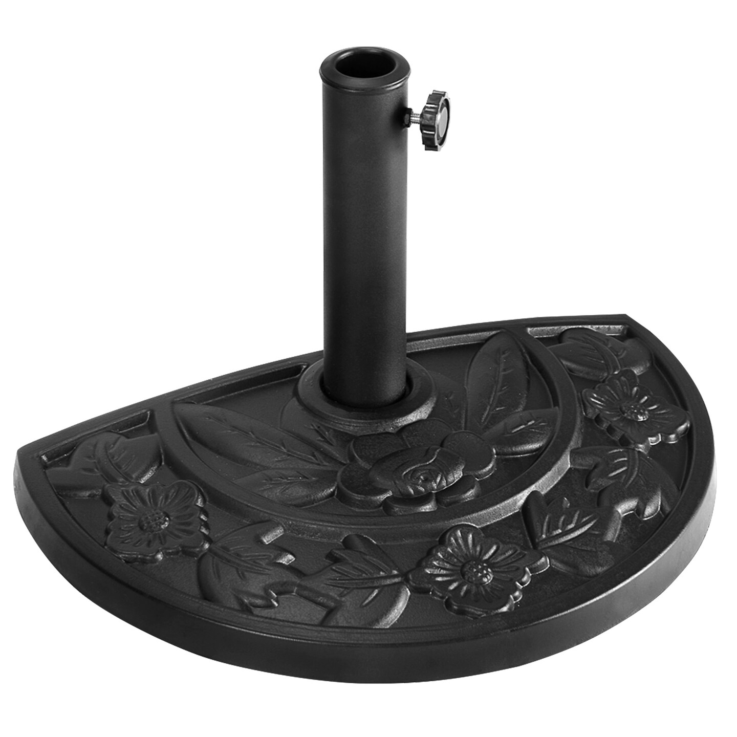 Black Resin Half-Round Patio Umbrella Base with Metal Holder and Floral Design