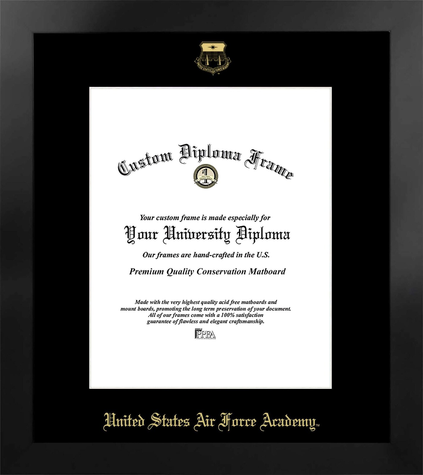 United States Air Force Academy 8.5w x 11h Manhattan Black Single Mat Gold Embossed Diploma Frame with Bonus Campus Images Lithograph (value savings at $59)