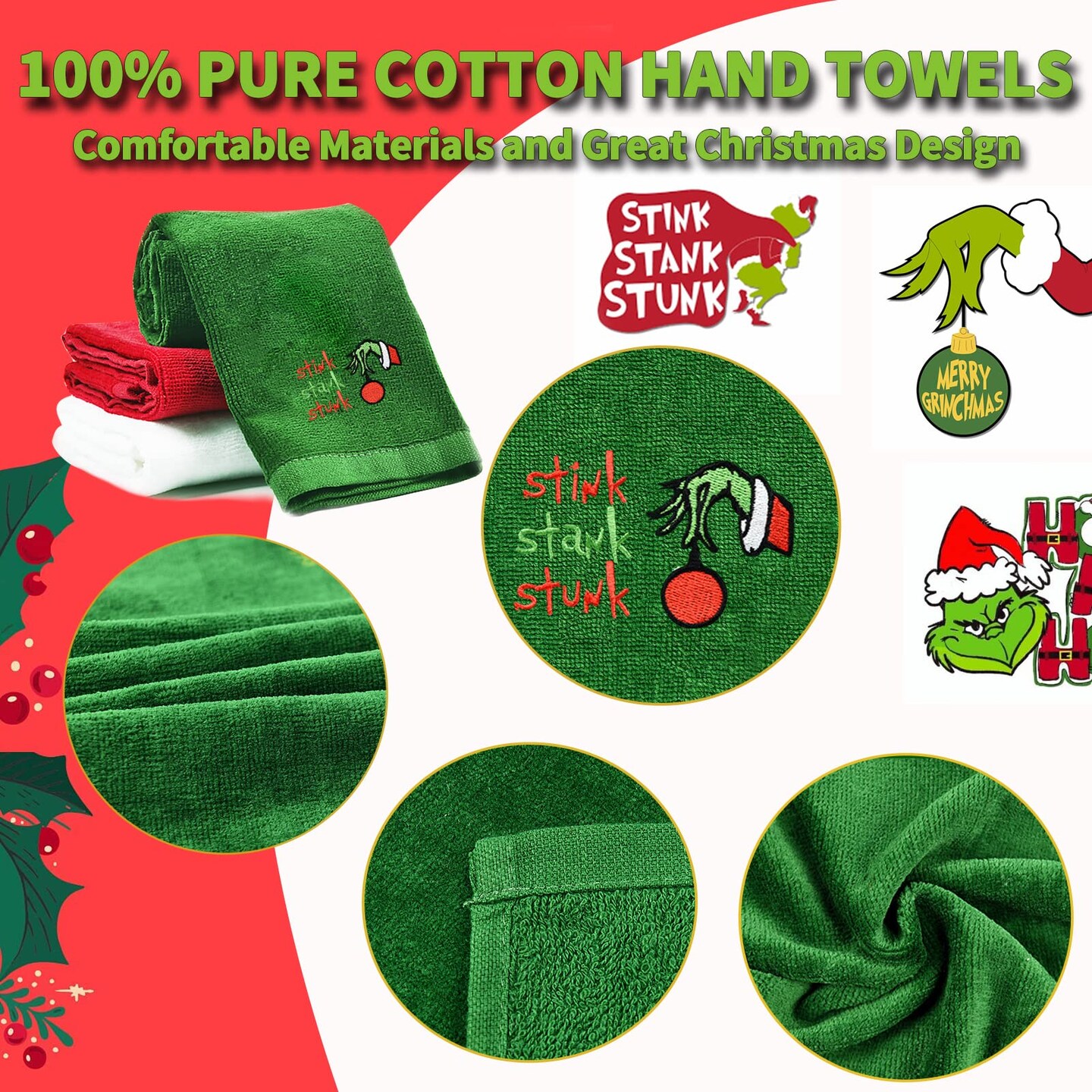 Malldii Large Size Christmas Hand Towels 16&#x22; x 27&#x22;, 100% Pure Cotton Bathroom Decorative Towels Washcloths Kitchen Merry Christmas Towels Perfect Christmas Decor, Pack of 3