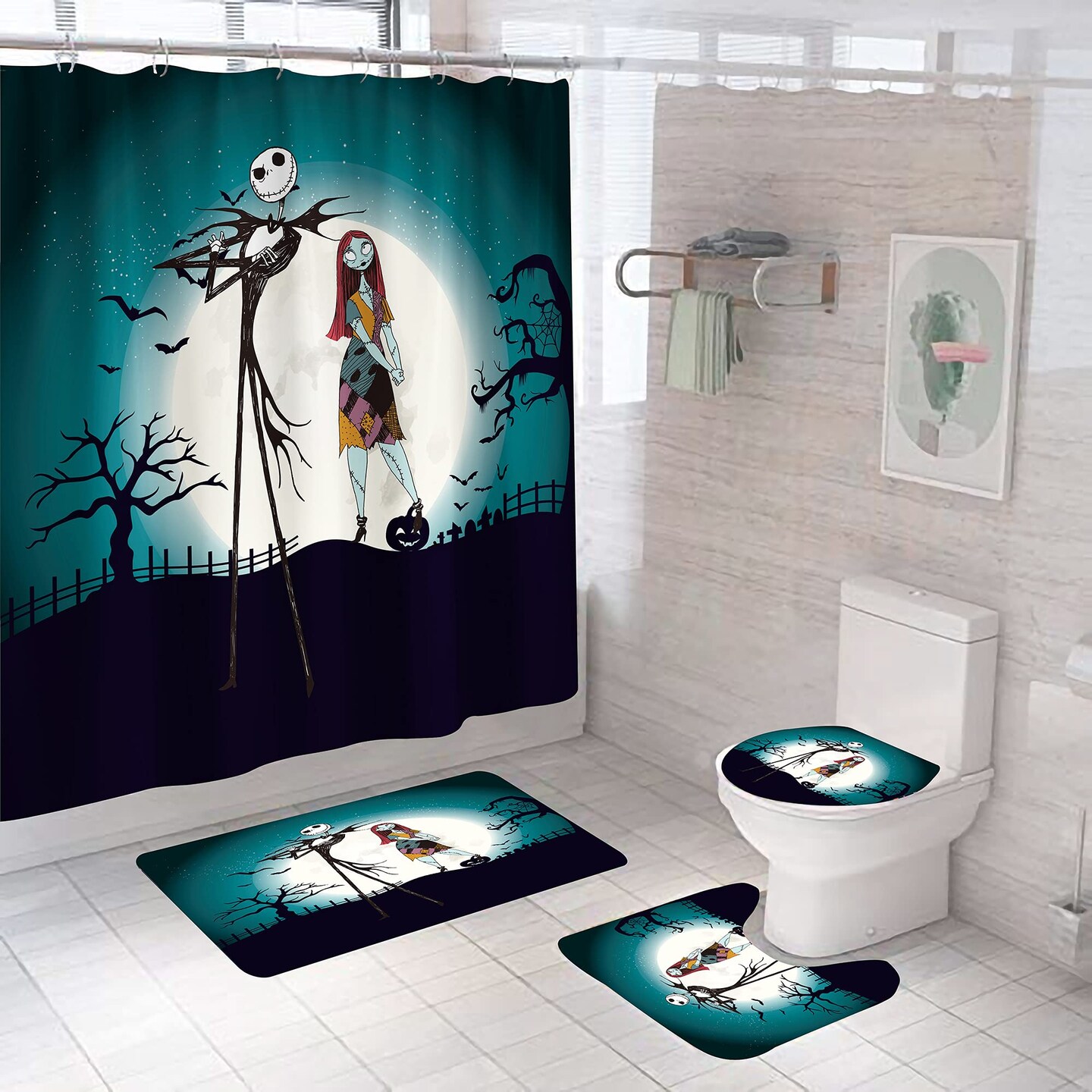 DDS-DUDES 4Pcs Nightmare Before Christmas Zombie Bride Jack Shower Curtain Sets Kids Bathroom Halloween Decor with 12 Curtain Hooks for Bathroom  Waterproof 71 x 71 inch (D6)