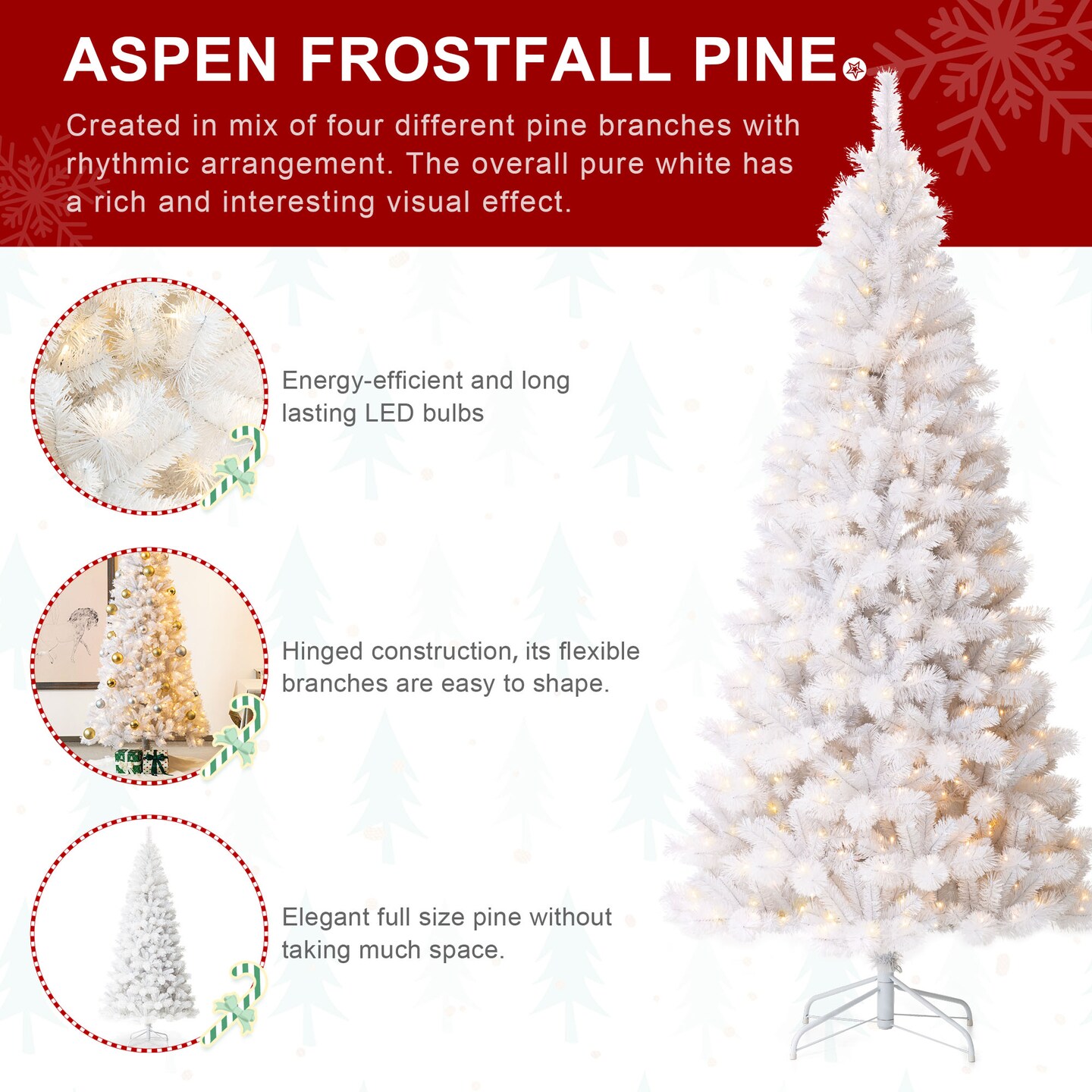 8ft Pre-Lit White Pine Full-size Artificial LED Christmas Tree With Remote Controller, Three Function