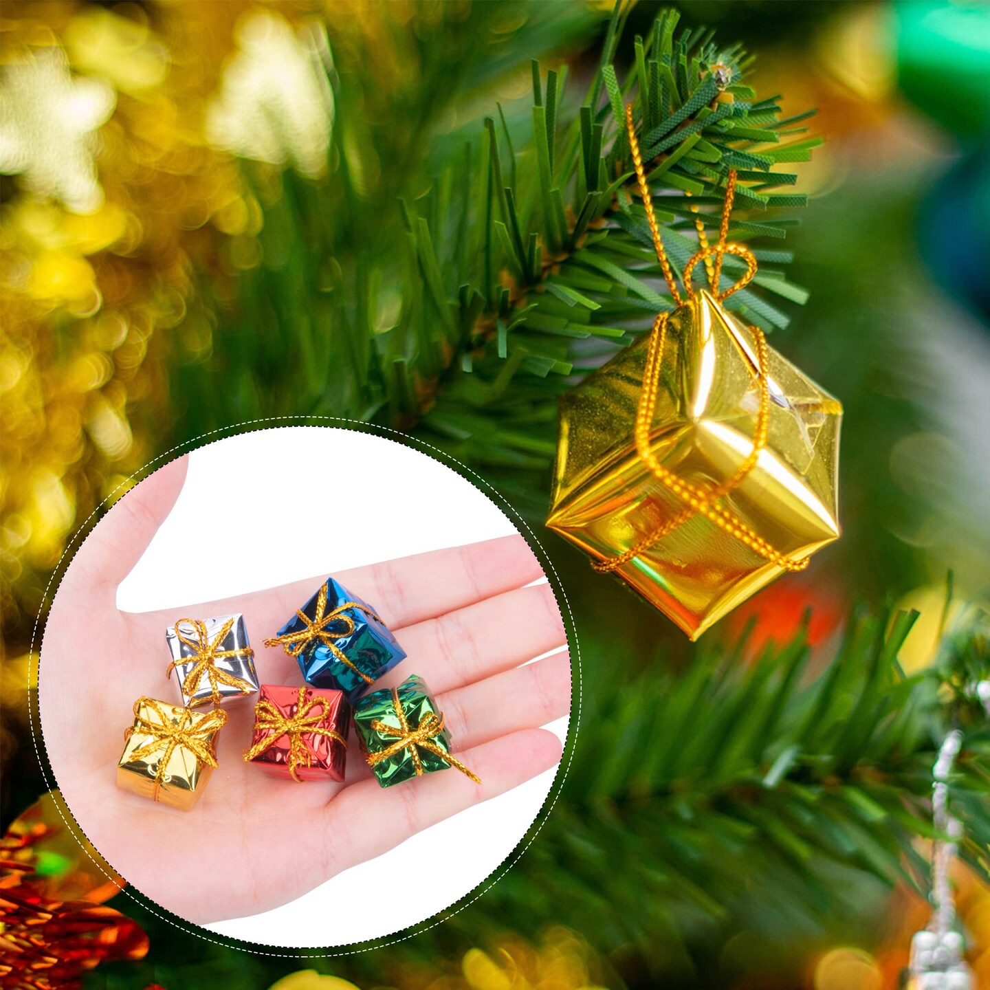 60 PCS Christmas Shiny Mini Boxes Ornaments-Assorted Colors Metallic Foil Wrapped Ornaments Decoration Boxes for Christmas Tree Hanging Decorations (60PCS)