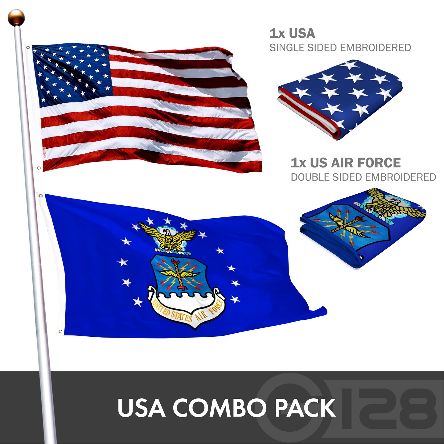 G128 Combo Pack: American USA Flag ToughWeave Series 2x3 Ft Single Sided &#x26; US Air Force Flag Double Sided 2x3 Ft Double ToughWeave Series | Both Embroidered Polyester, Brass Grommets
