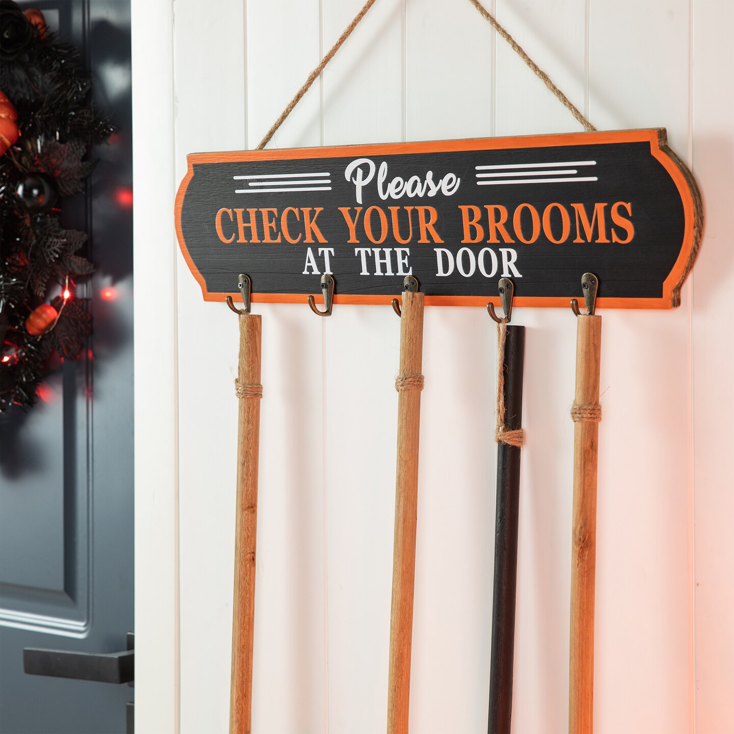 Set of 4 42&#x22;H Halloween Wooden Brooms Parking Porch Decor