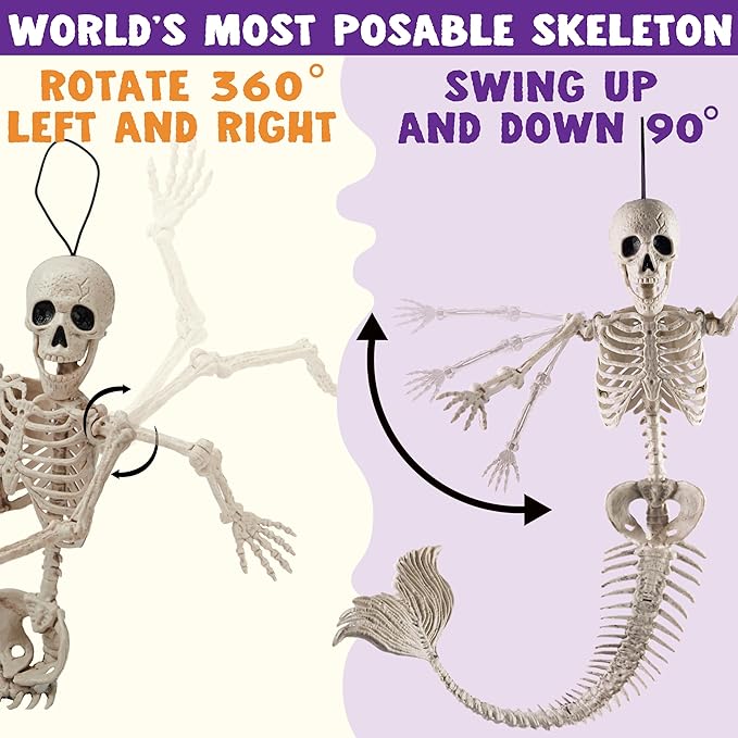 2 PCS 20 Inches Halloween Mermaid Skeleton Plastic Bone with Posable Joints for Indoor Outdoor Spooky Scene Party Favors Decoration