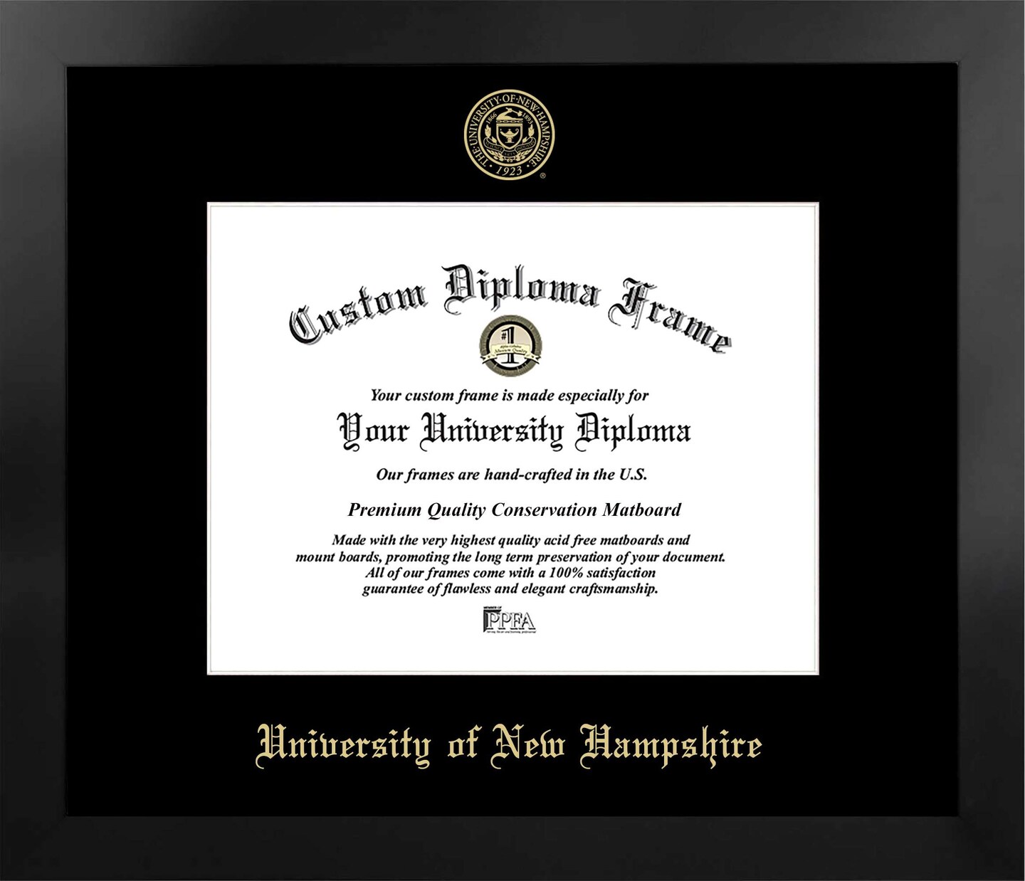 University of New Hampshire 10w x 8h Manhattan Black Single Mat Gold Embossed Diploma Frame with Bonus Campus Images Lithograph (value savings at $59)