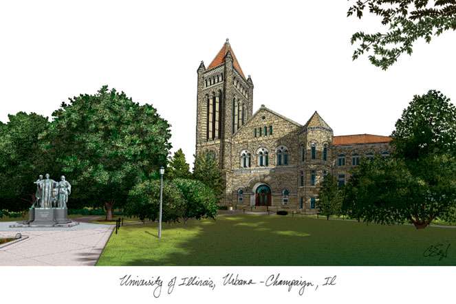 University of Illinois, Urbana-Champaign 11w x 8.5h Manhattan Black Single Mat Gold Embossed Diploma Frame with Bonus Campus Images Lithograph (value savings at $59)