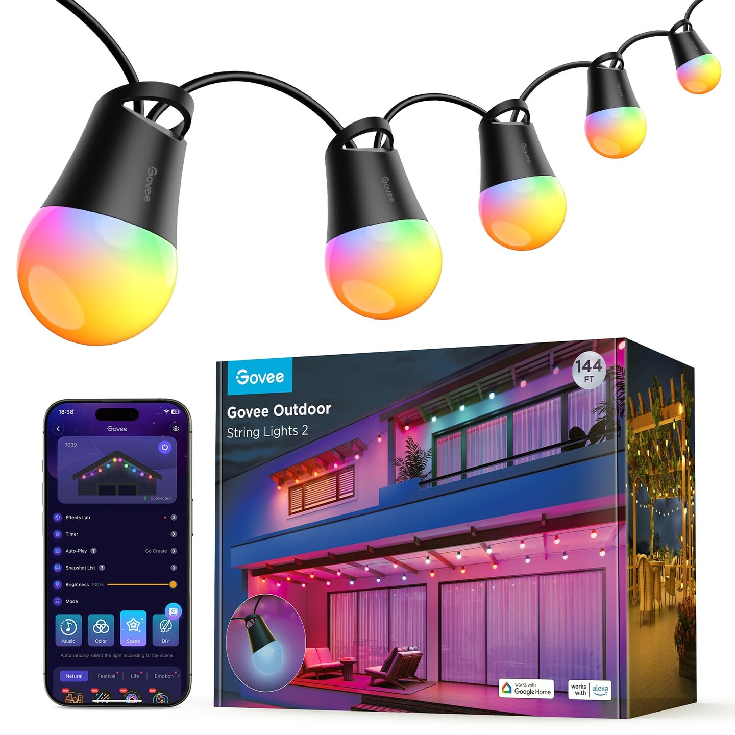 Govee Smart Outdoor String Lights 2 144ft RGBIC Outdoor Lights with