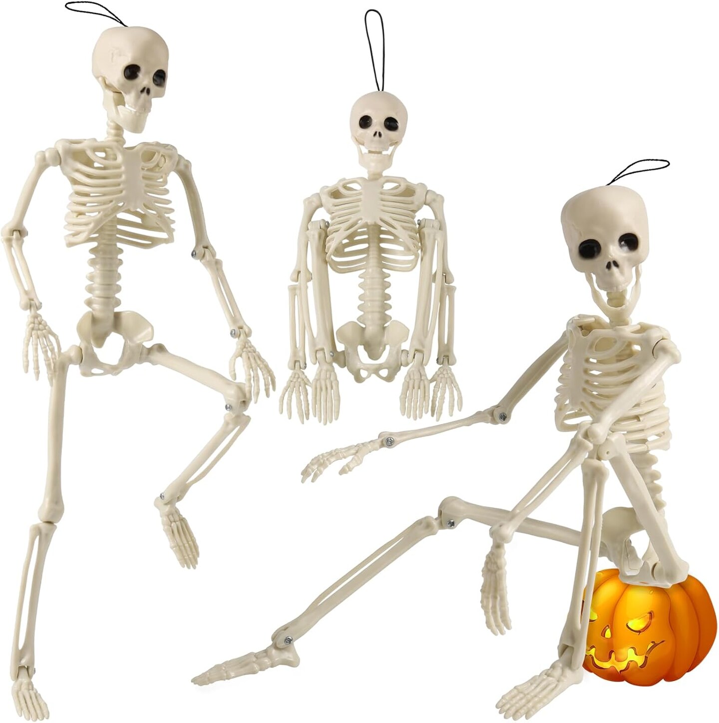 3Pack 16” Halloween Skeleton, Posable Skeleton Plastic Mini Skeleton Decor with Movable Joints, Outdoor Halloween Decor Props for Halloween Party Yard Haunted Houses Porch