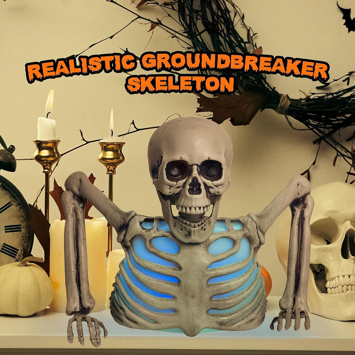 Presence Halloween Skeleton with Different Light Colors, Holiday Indoor Realistic Decor