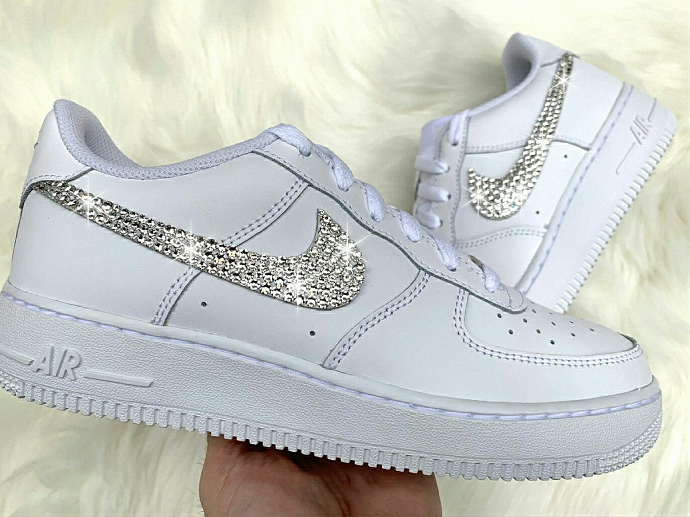 Swarovski Women s Nike Air Force 1 All White Low Sneakers Blinged Out With Authentic Clear Swarovski Crystals Custom Bling Nike Shoes MakerPlace by Michaels