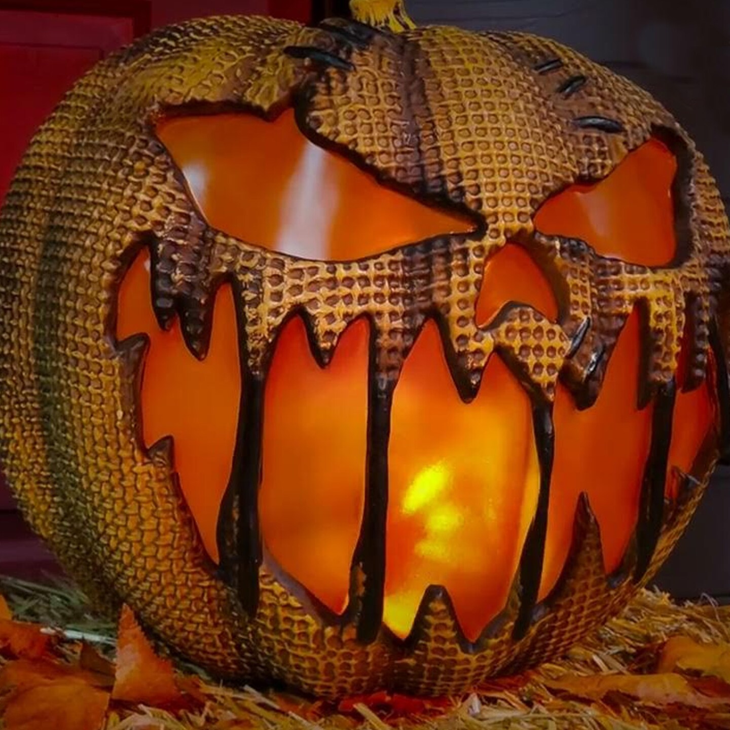 Animated Flaming Burlap Pumpkin Halloween Decoration 14&#x22;