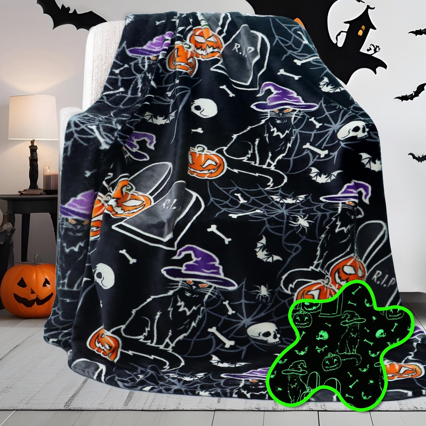 UOFON Halloween Throw Blankets Glow in The Dark Blanket Black Cat and