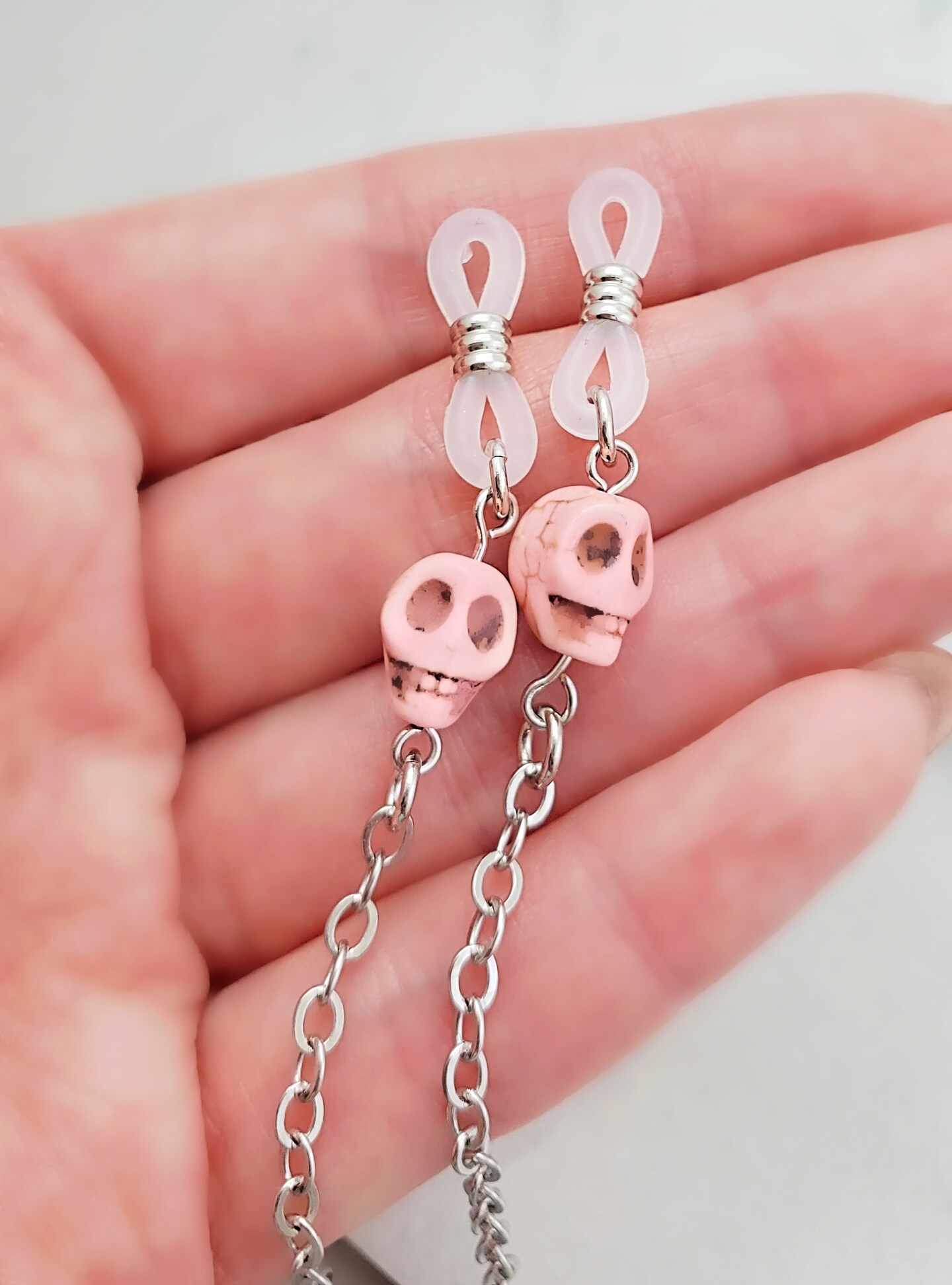 Pink Skull Eyeglass Holder Necklace or FACE MASK CHAIN, Reading Glasses Keeper, White Skull Day of the Dead or Halloween Gift for Her N5711A