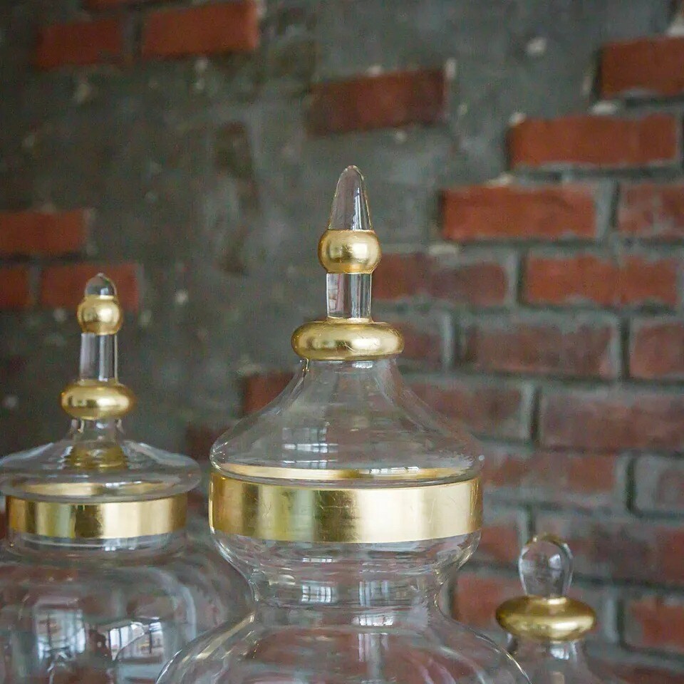 Gold Trim Glass Apothecary Jars with Lids Holders