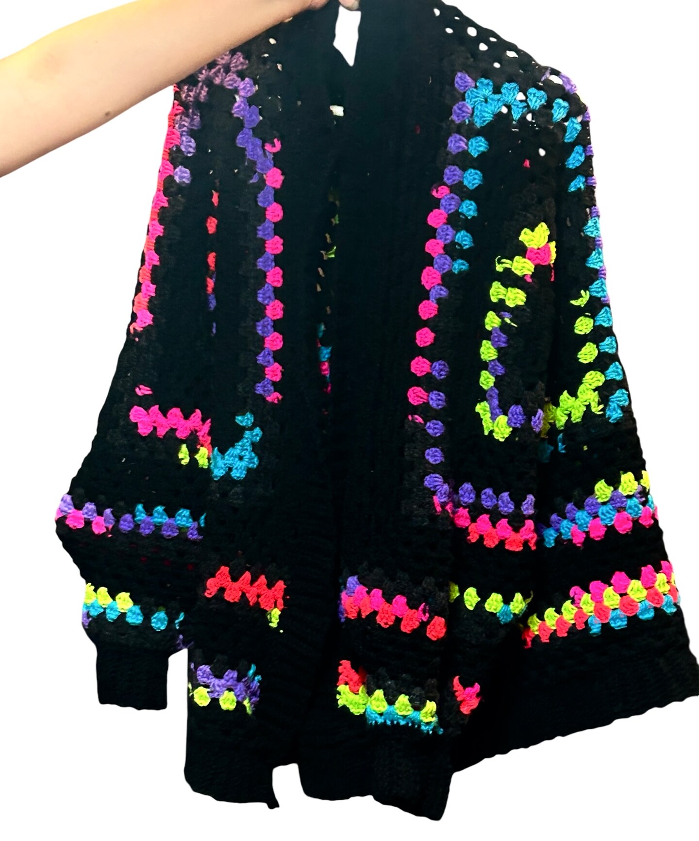 MerlaDesigns Colorful Black Pattern Patch deals Flower Stripe Handmade Handknit Crochet Cardigan