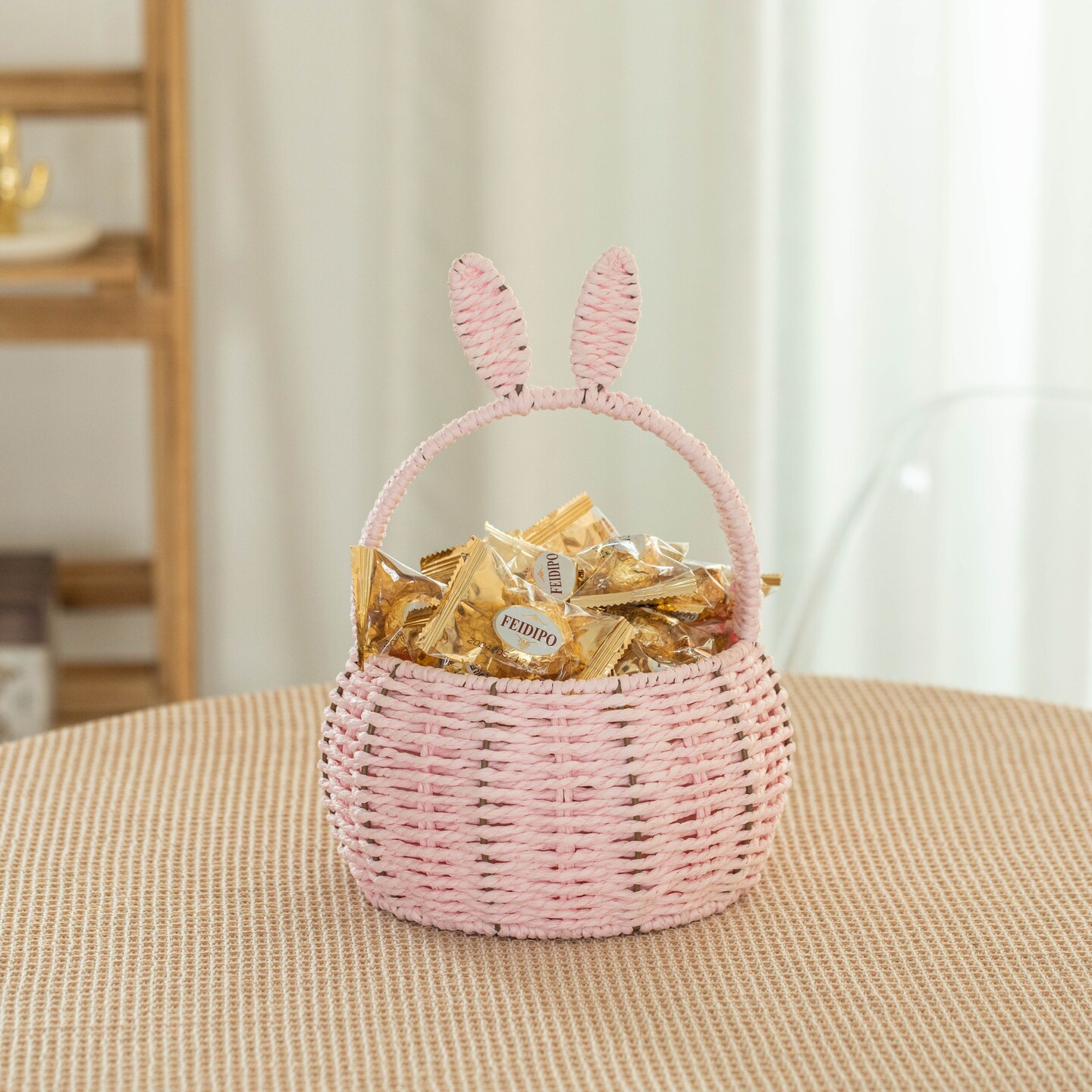 Wickerwise Hand-Woven Easter Bunny Ear Basket with Handle – Multi-Purpose Paper Rope Wicker Basket for Easter Egg Hunts, Picnics, Flower Arrangements, Food Storage, Party, and Home Decor