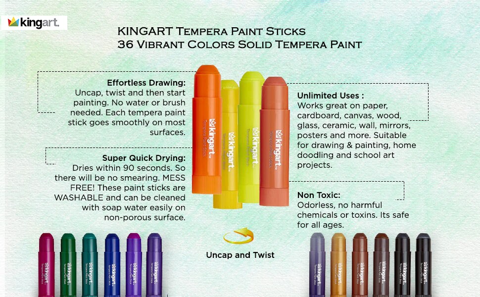 KINGART&#xAE; Tempera Paint Sticks, 36 Vibrant Colors Solid Tempera Paint for Kids, Super Quick Drying, Works Great on Paper Wood Glass Ceramic Canvas