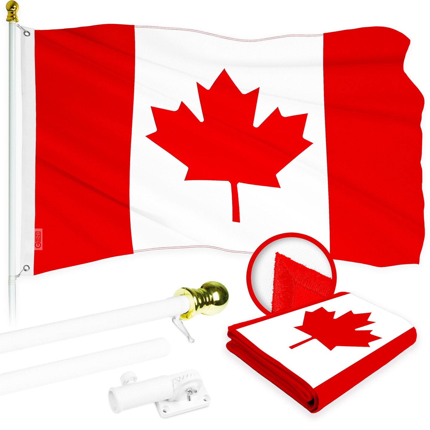 G128 Combo Pack: 6 Ft Tangle Free Aluminum Spinning Flagpole (White) & Canada Canadian Flag 3x6 Ft, ToughWeave Series Embroidered 300D Polyester | Pole with Flag Included