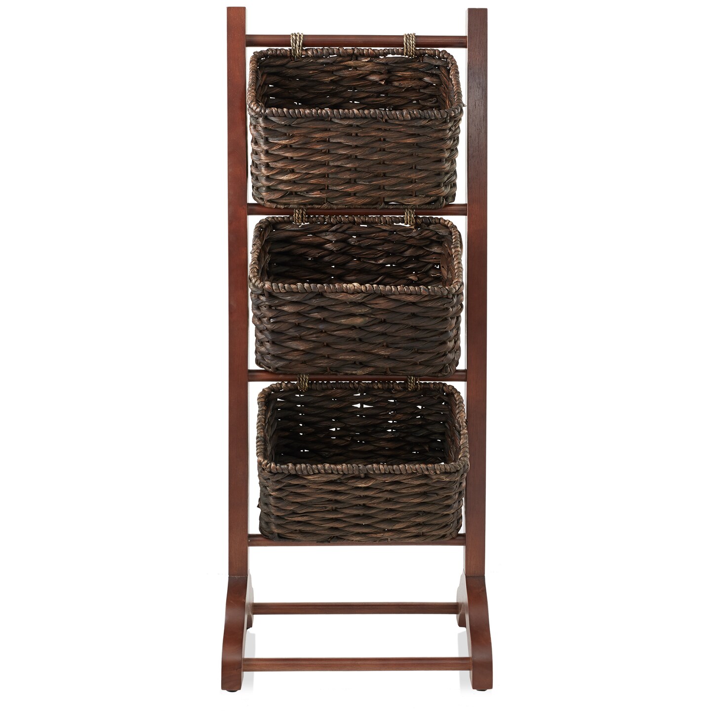 Casafield 3-Tier Floor Stand with Water Hyacinth Storage Baskets - Standing Organizer Rack for Bathroom, Kitchen, Laundry, Living Room