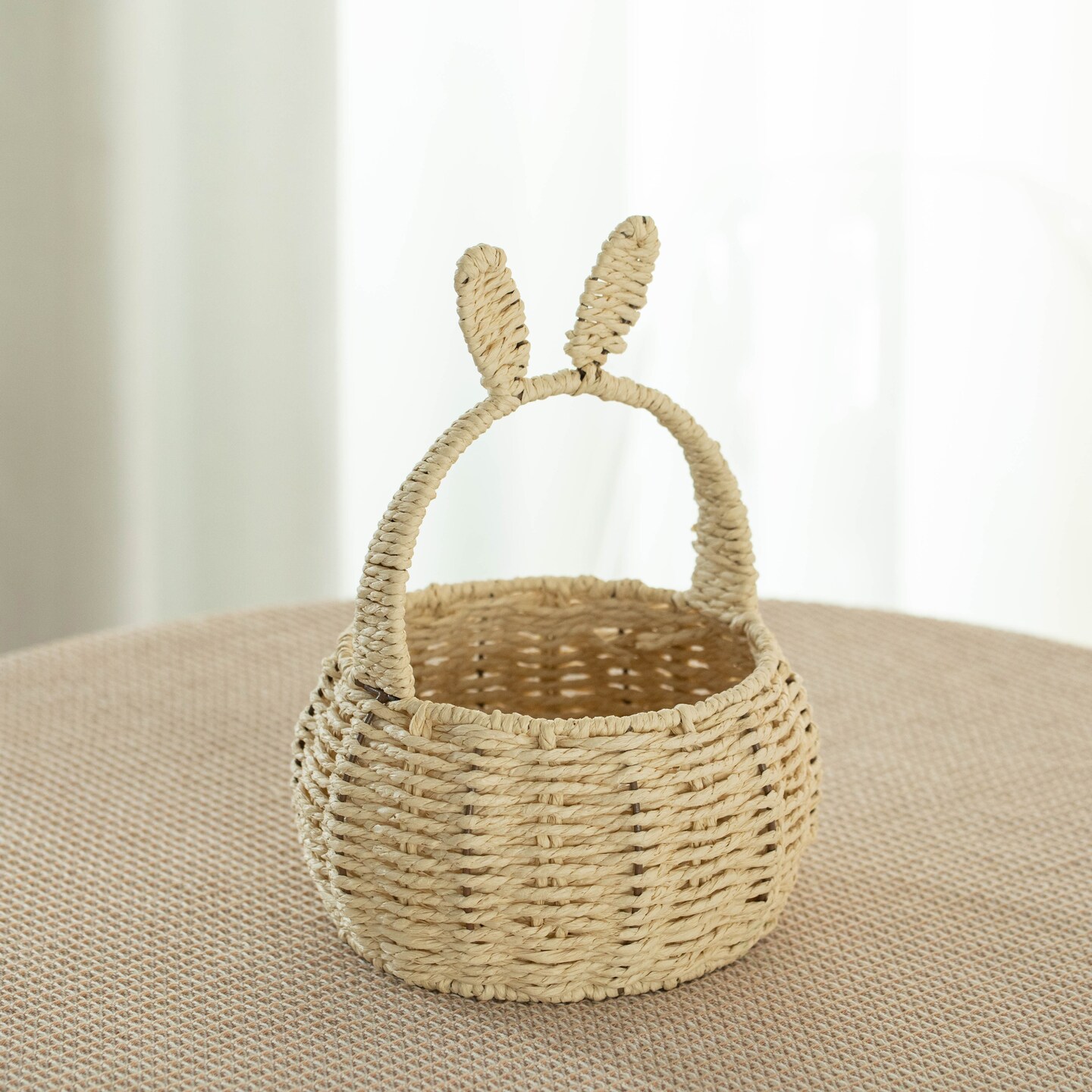 Wickerwise Hand-Woven Easter Bunny Ear Basket with Handle – Multi-Purpose Paper Rope Wicker Basket for Easter Egg Hunts, Picnics, Flower Arrangements, Food Storage, Party, and Home Decor