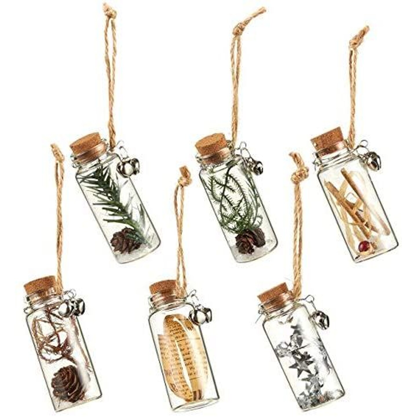 6 Pack Festive Glass Bottles with Cork Stoppers with Jute Strings, Hanging Tree Embellishments, 6 Designs (1 x 3 x 1 In)