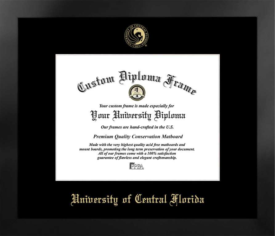 University of Central Florida 11w x 8.5h Manhattan Black Single Mat Gold Embossed Diploma Frame with Bonus Campus Images Lithograph (value savings at $59)
