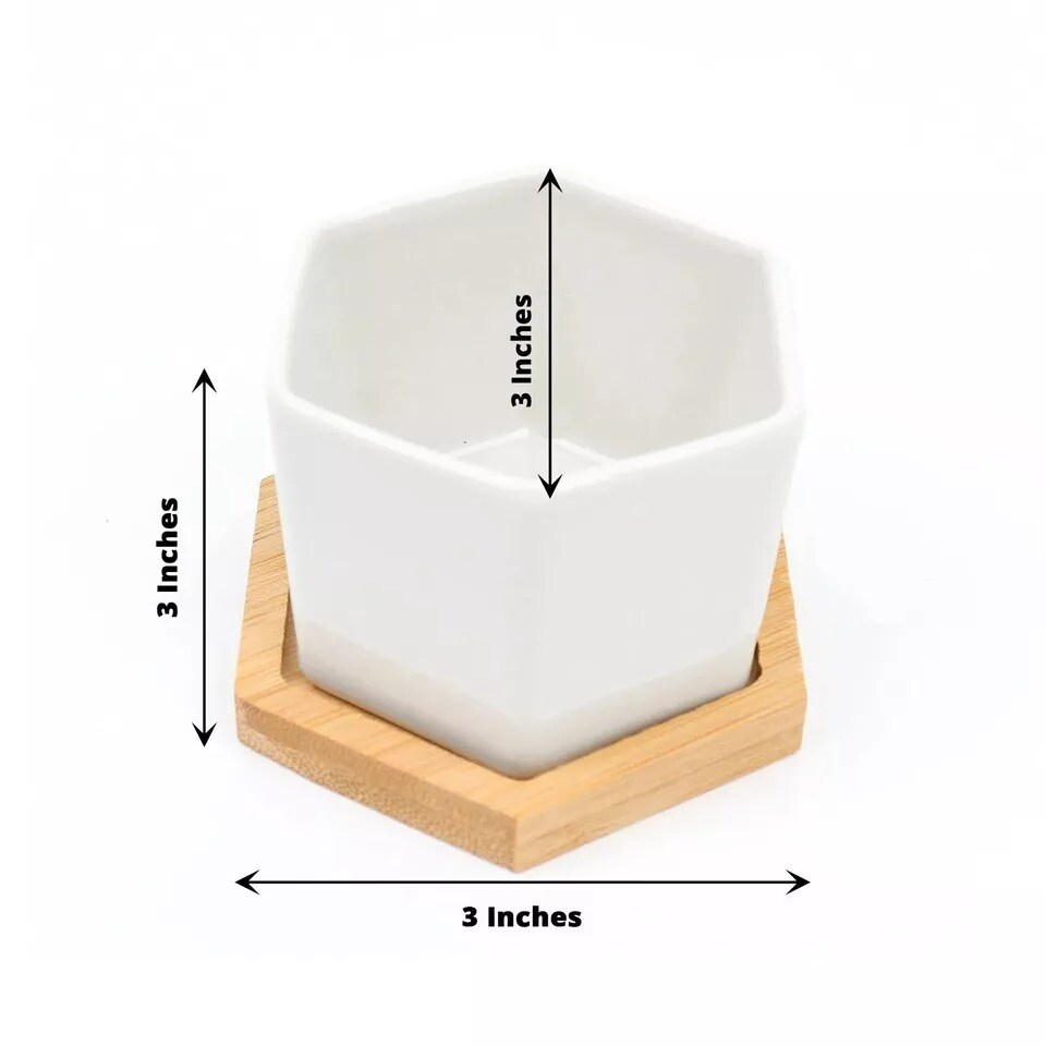 6 Natural White 3&#x22; Mini Ceramic Flower Pots Hexagon Geometric Planters Party
