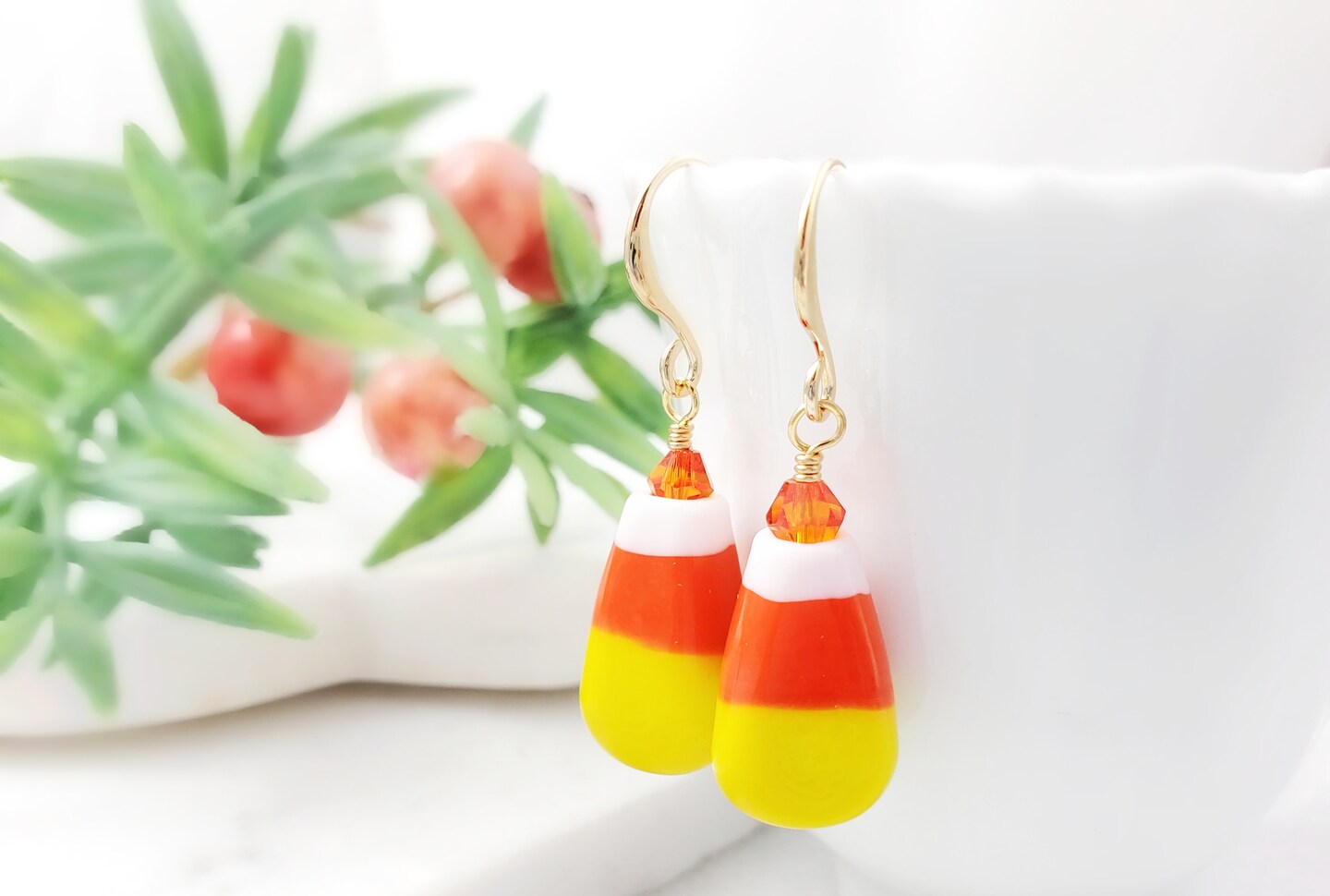 Candy Corn Earrings or Necklace, Lampwork Glass Candy Jewelry, Yellow Orange and White Halloween Gift, Holiday Fall Autumn Present E4243 product 2