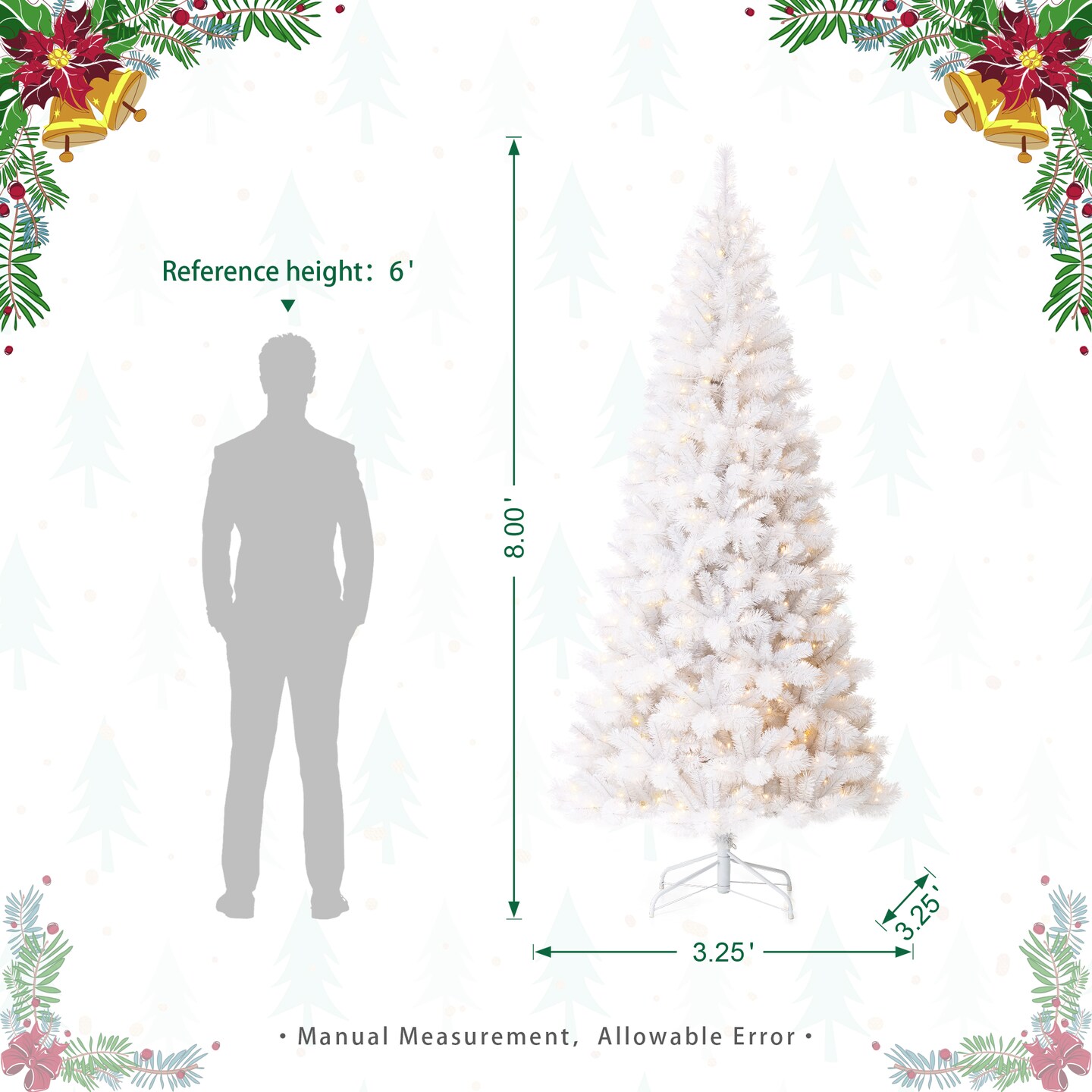 8ft Pre-Lit White Pine Full-size Artificial LED Christmas Tree With Remote Controller, Three Function