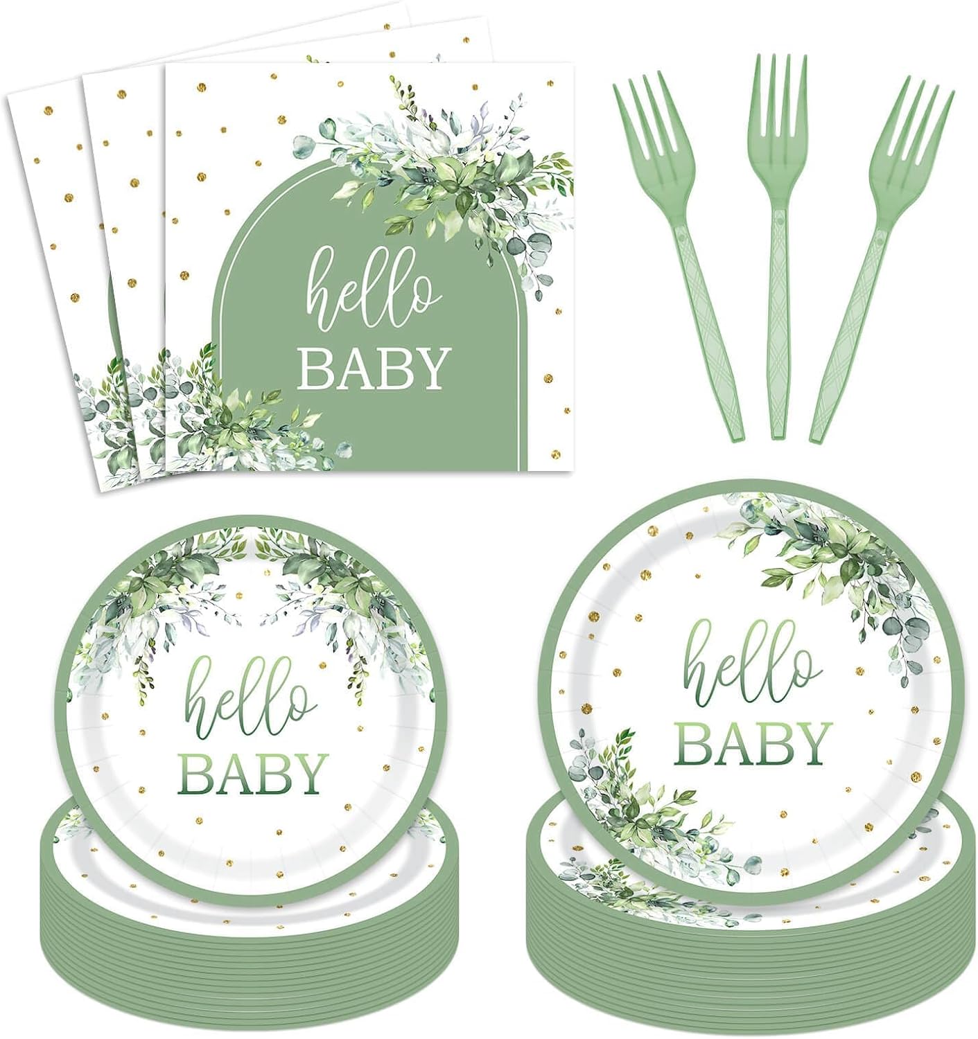 96 Pcs Sage Green Baby Shower Plates and Napkins (Sage Green)