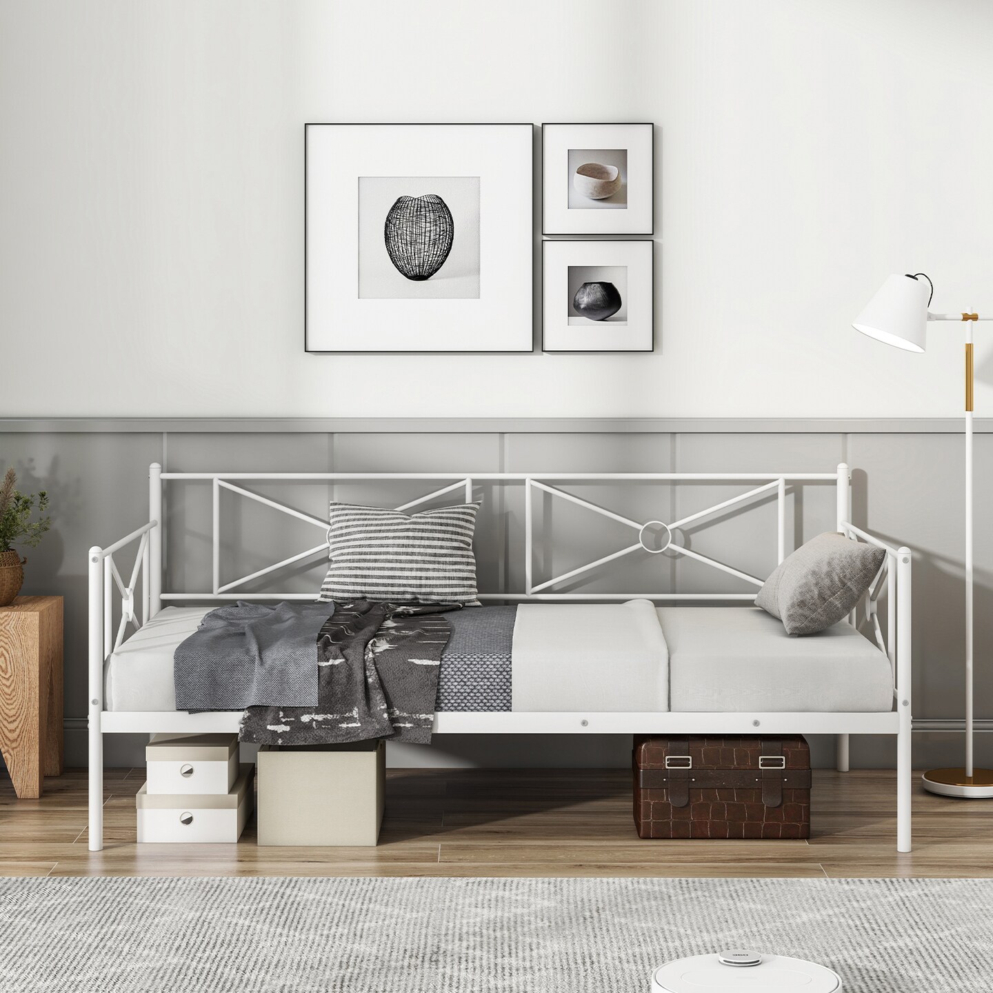 White Metal Twin Size Daybed Frame with Steel Construction Under-bed Storage and Victorian Style Design