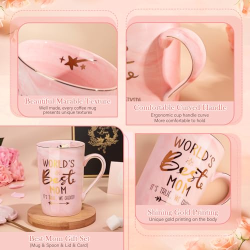 Mothers Day Gifts for Mom from Daughter Son Kids - 14Oz Funny World's Best Mom Mug with Gold Print, Birthday Presents for Mama Wife, Unique Pink Marble Coffee Cup with Lid Spoon Card, Elegant Gift Box