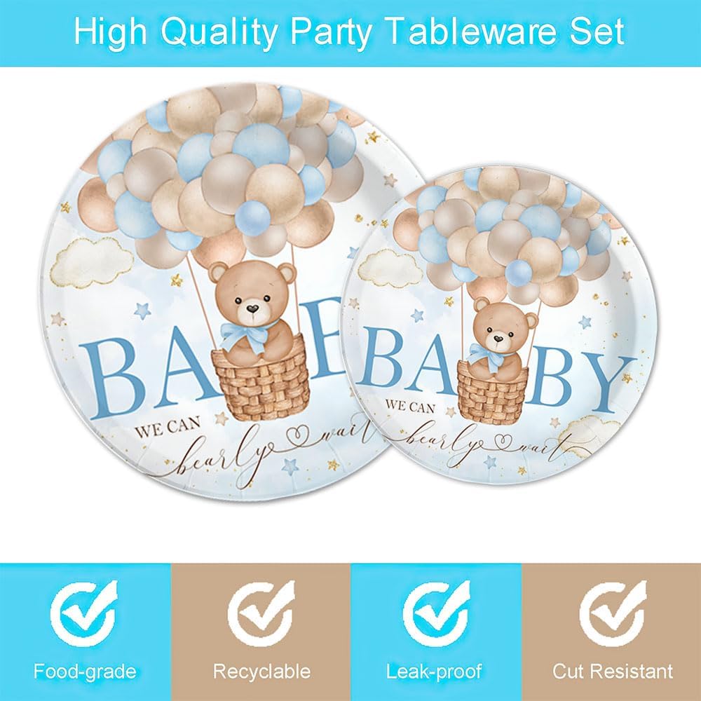 96Pcs Bear Baby Shower Tableware Sets - Serves 24 Guests (Blue)