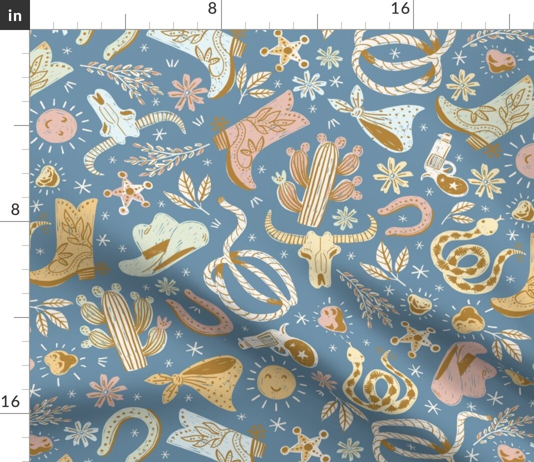 Blue Cowboy Pastel Rustic Country Western Style Down Home Cowgirl Custom Printed Fabric by Spoonflower Various Fabrics by the Yard or Fat Quarter
